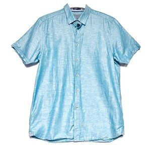 Ted Baker Mens Shirt Linen Blend Button Down Iridescent Blue Large Beach Preppy